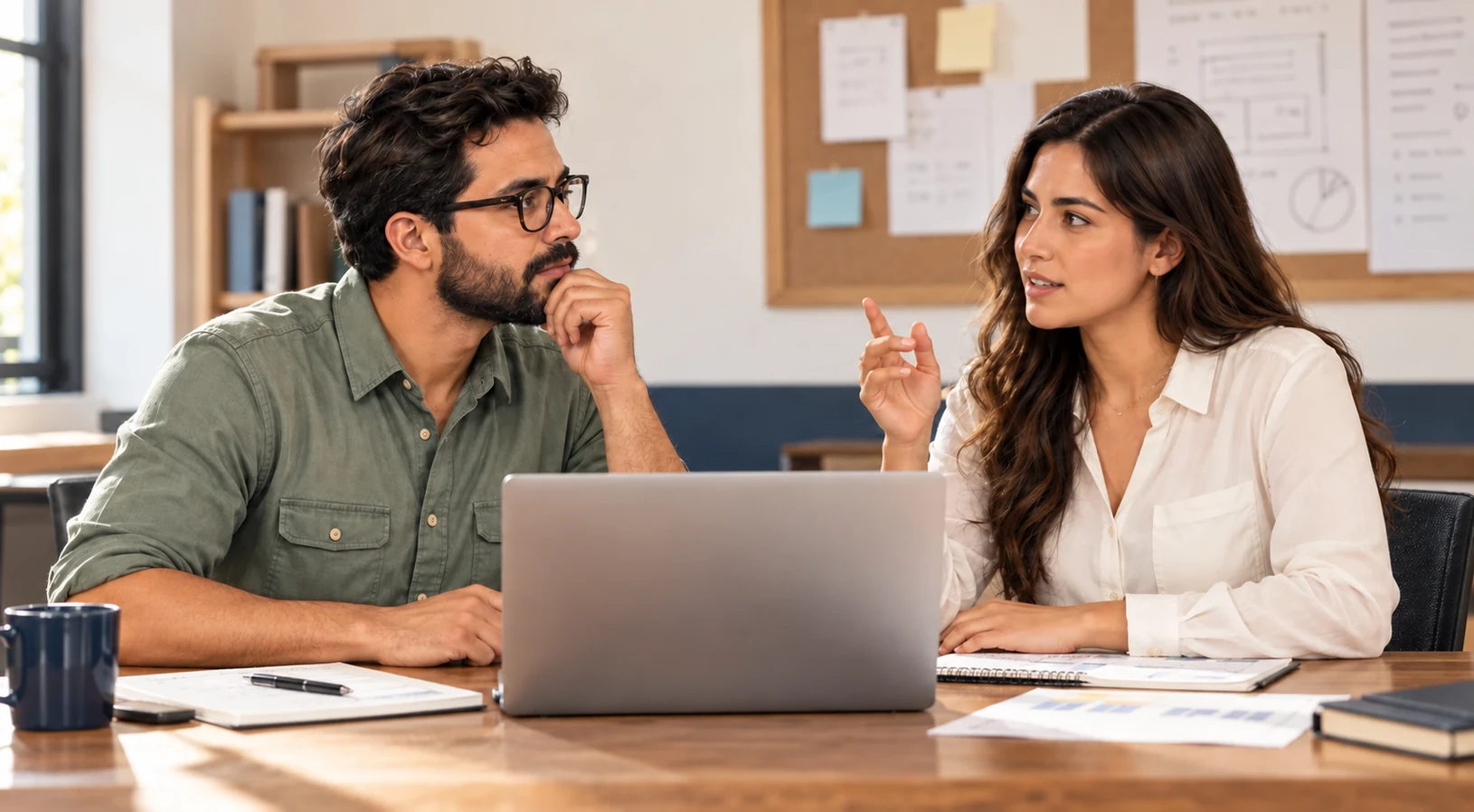 Two business owners discussing a project at a desk