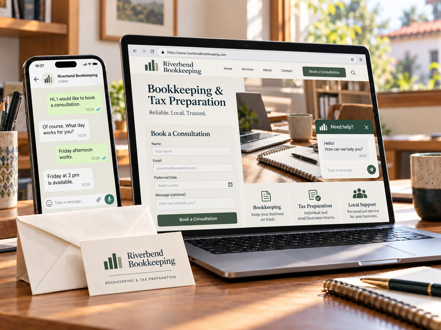 Small-business customer communication and workflow tools displayed across laptop and phone