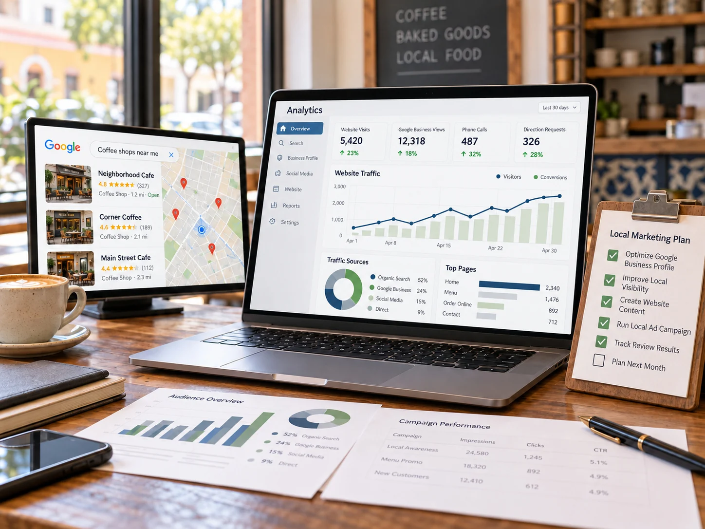 Local search results, website analytics, and a marketing checklist