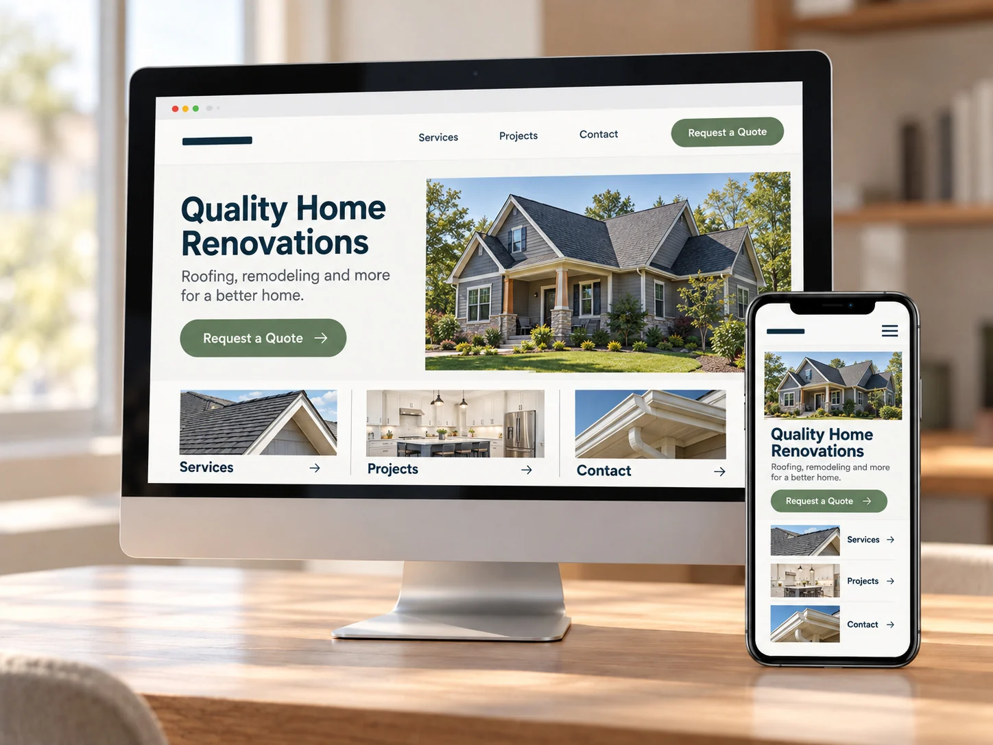 Contractor website displayed responsively on a desktop monitor and phone